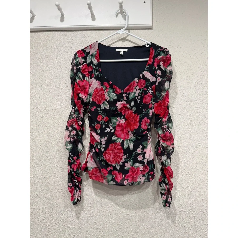 Dark Floral Mesh Ruched‎ Sweetheart Neck Top Fairy Grunge Whimsigoth Y2K Goth S